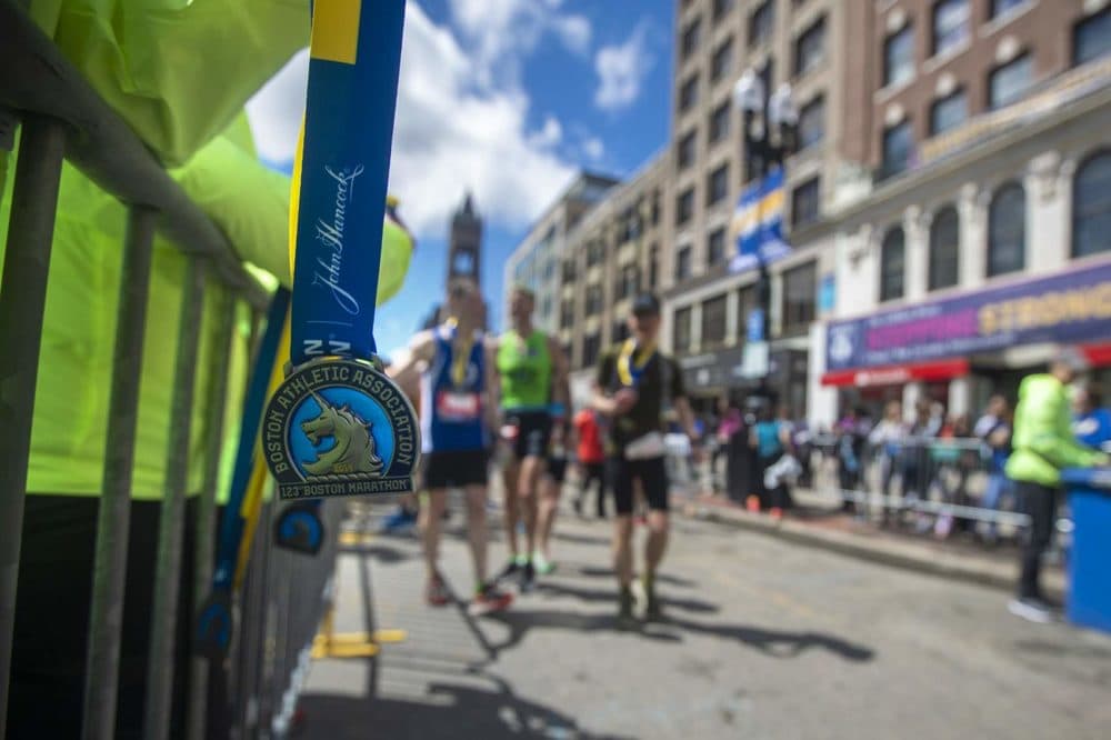 A Boston Marathon medal waits for a finisher. (Jesse Costa/WBUR)