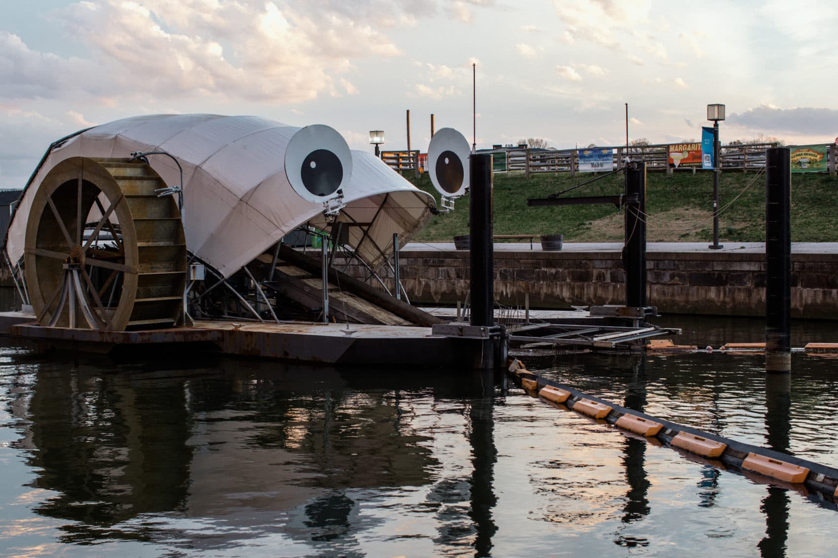 Mr. Trash Wheel — and his cousins Professor Trash Wheel and Captain Trash Wheel — have scooped up a million Styrofoam containers since the first one was installed on a tributary leading to Baltimore Harbor in 2014. (Rosem Morton for Here & Now)