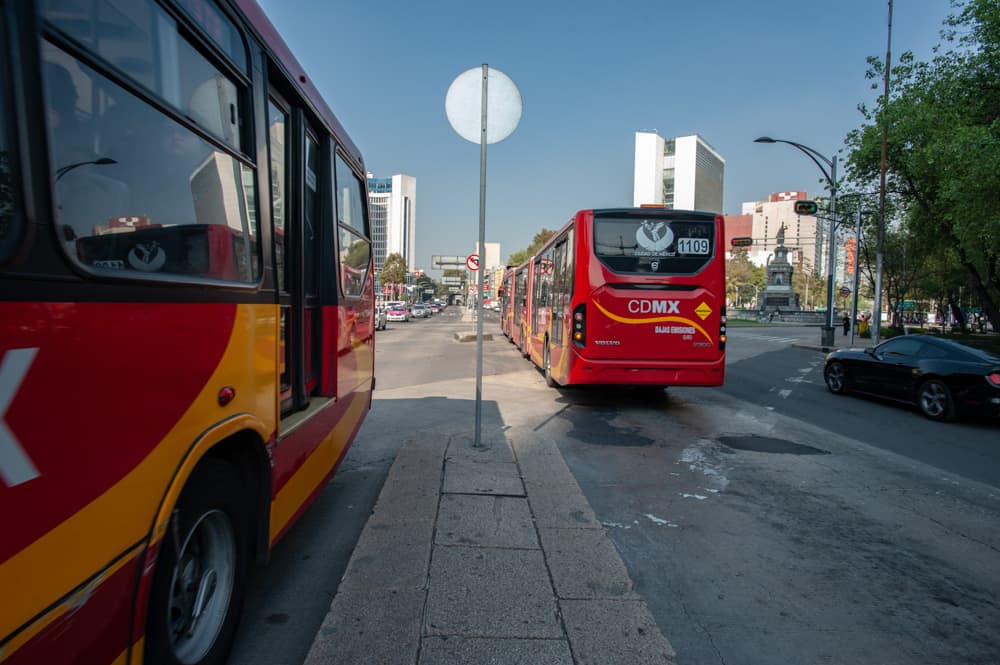 The Mexico City Metrobús is a bus rapid transit system. Here, buses cruise in their own lanes along Avenida Reforma. (Keith Dannemiller for WBUR)