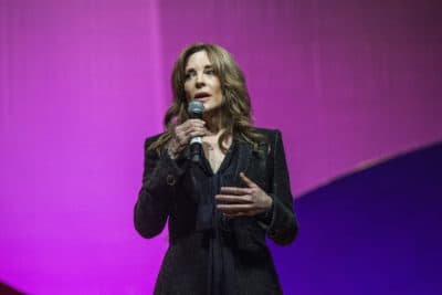 Marianne Williamson seen on day three of Summit LA17 in Downtown Los Angeles's Historic Broadway Theater District on Sunday, Nov. 5, 2017, in Los Angeles. (Amy Harris/Invision/AP)
