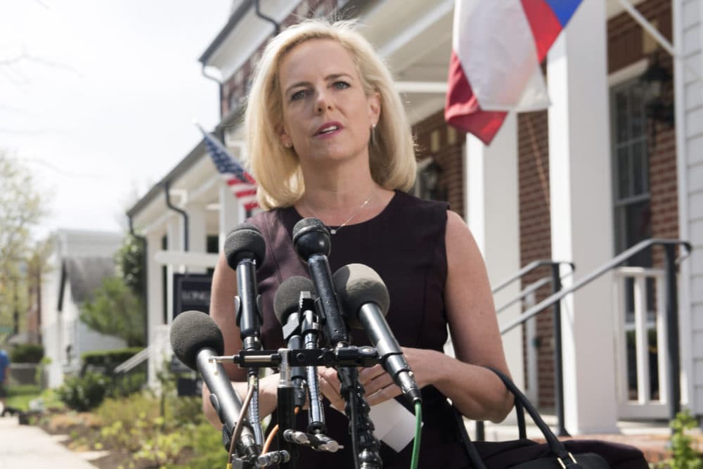 Homeland Security Secretary Kirstjen Nielsen talks outside her home in Alexandria, Va., on Monday, April 8, 2019. Nielsen says she continues to support the president’s goal of securing the border in her first public remarks since her surprise resignation. (Kevin Wolf/AP)