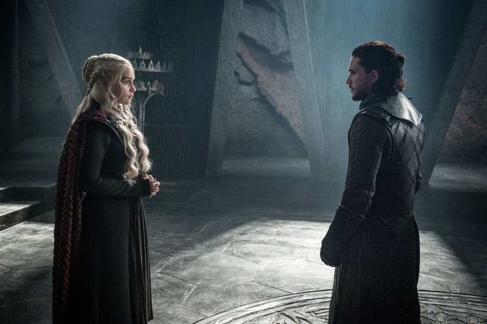 This photo provided by HBO shows Emilia Clarke as Daenerys Targaryen and Kit Harington as Jon Snow in a scene from HBO's &quot;Game of Thrones.&quot; The final season premieres on Sunday. (Helen Sloan/Courtesy of HBO via AP)