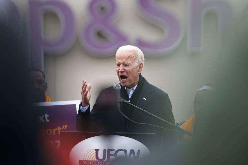 Former Vice President Joe Biden speaks at a rally in support of striking Stop & Shop workers in Boston on Thursday. (Michael Dwyer/AP)
