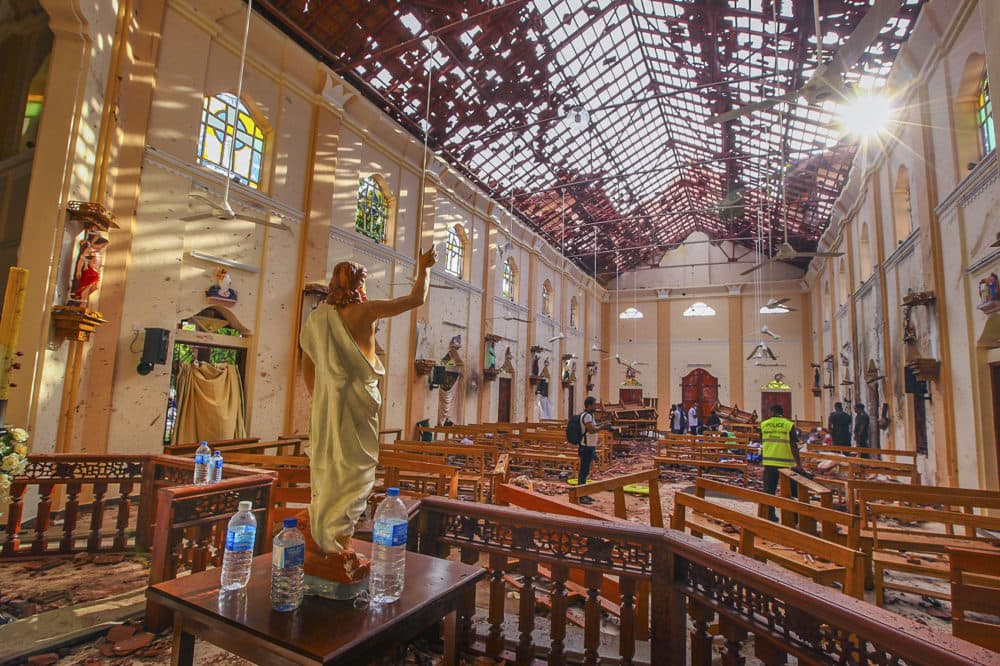 In this Sunday, April 21, 2019, a view of St. Sebastian's Church damaged in blast in Negombo, north of Colombo, Sri Lanka. (Chamila Karunarathne, file/AP)