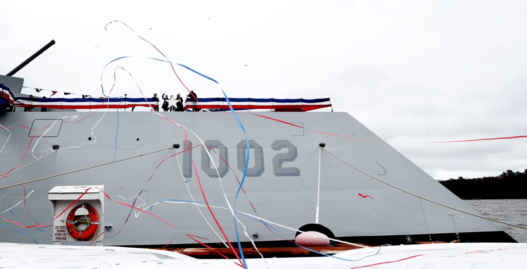 The Lyndon B. Johnson, the third Zumwalt-class guided missile destroyer, is seen during a christening ceremony at Bath Iron Works, Saturday, April 27, 2019, in Bath, Maine. (Robert F. Bukaty/AP)