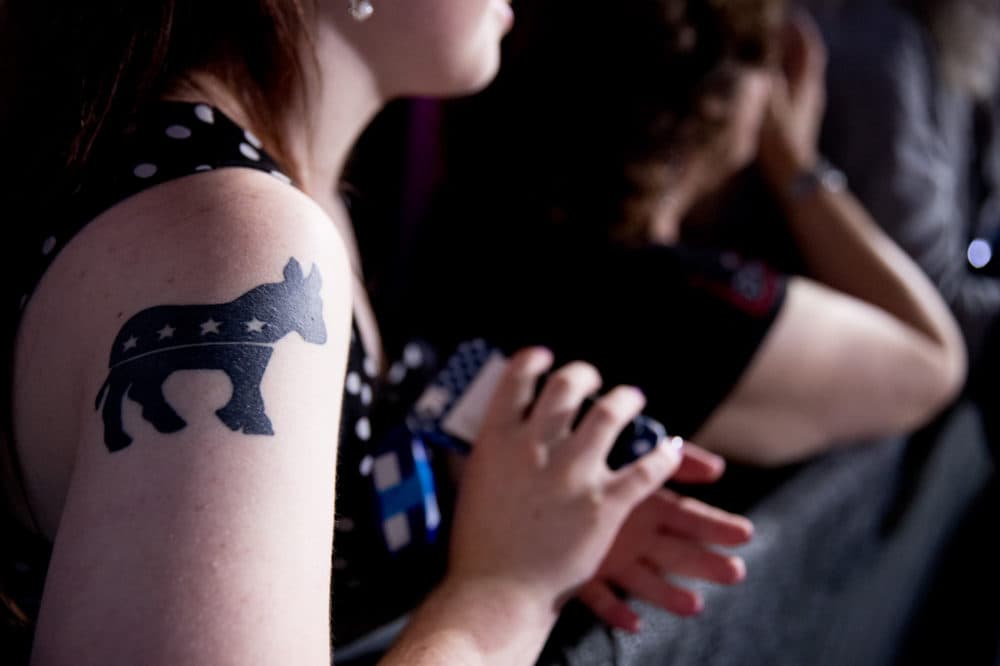 A supporter displays her Democratic donkey tattoo. (Andrew Harnik/AP)