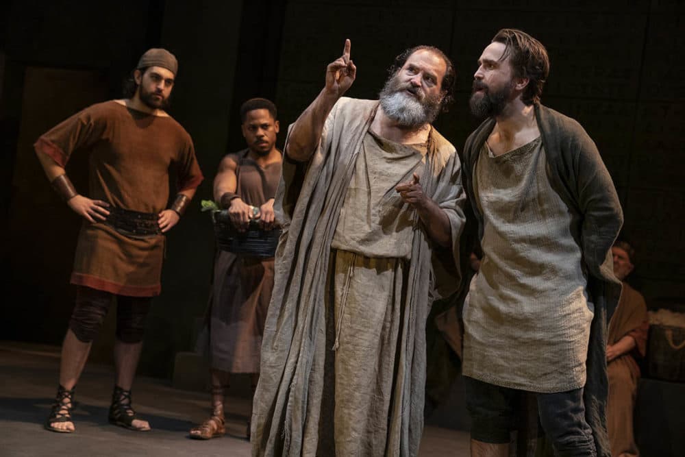 Alan Mendez, Ro Boddie, Michael Stuhlbarg and Joe Tapper onstage in the Public Theater production of &quot;Socrates.&quot; (Joan Marcus/Courtesy of the production)