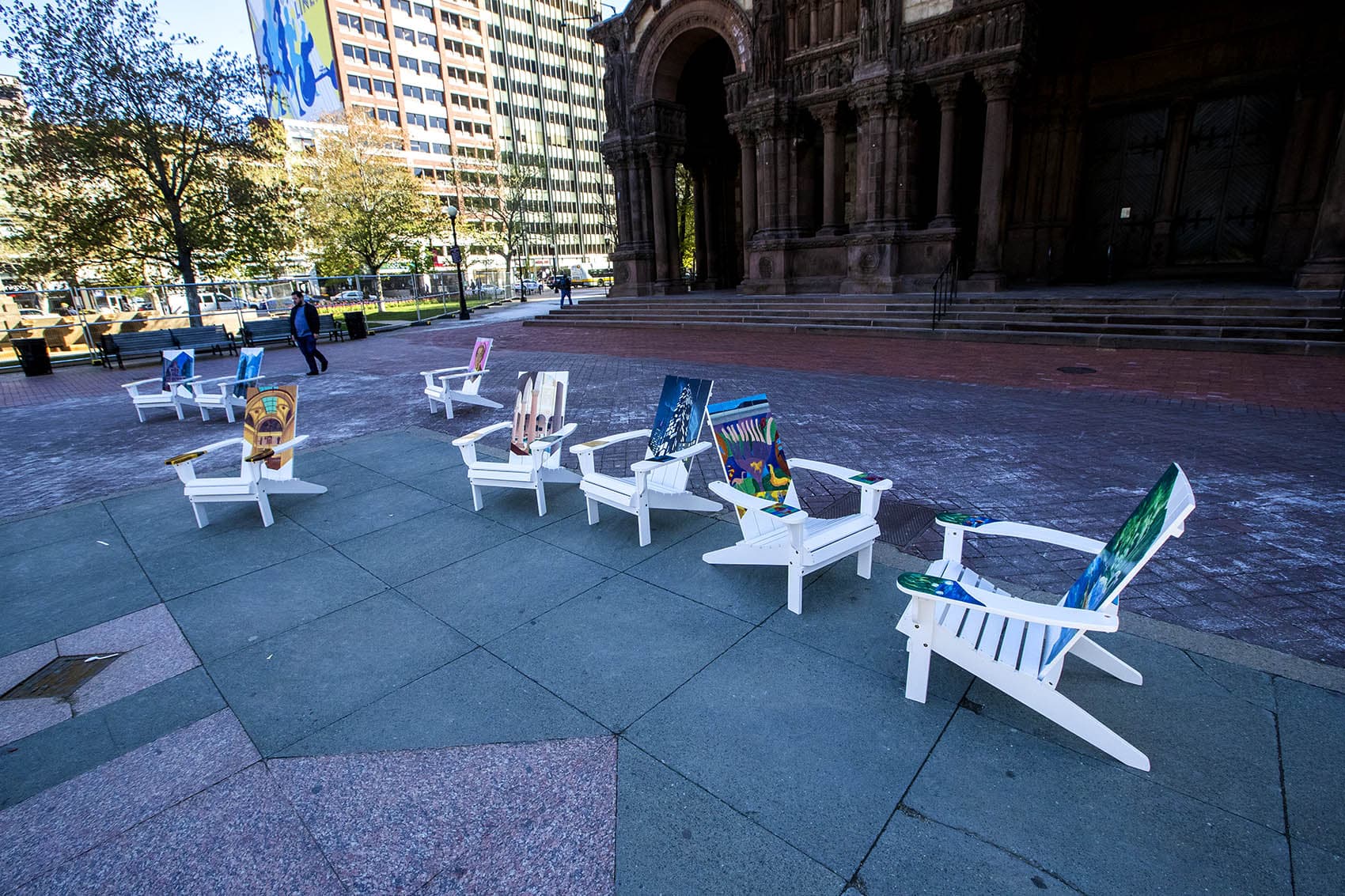The Artists For Humanity Adirondack chairs on display at Copley Square (Jesse Costa/WBUR)