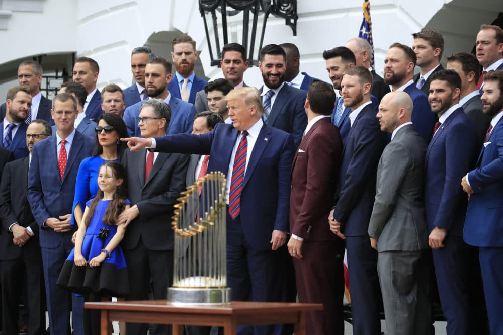 President Trump joins the Boston Red Sox for a group picture during a ceremony honoring the 2018 World Series champions at the White House Thursday. (Manuel Balce Ceneta/AP)