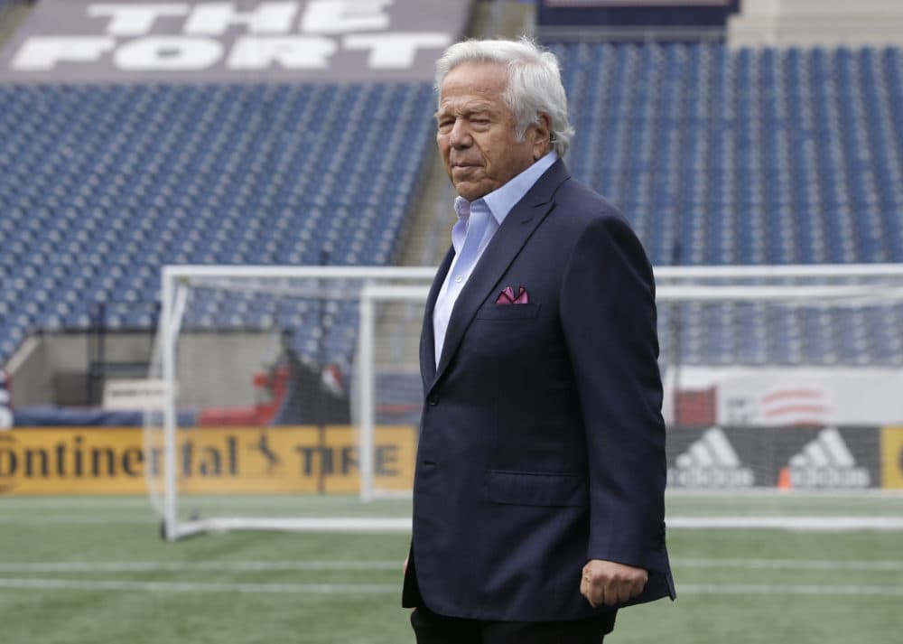 New England Patriots owner Robert Kraft steps onto a podium before introducing first-round NFL football draft pick wide receiver N'Keal Harry, not shown, on May 9 at Gillette Stadium, in Foxborough, Mass. (Steven Senne/AP)