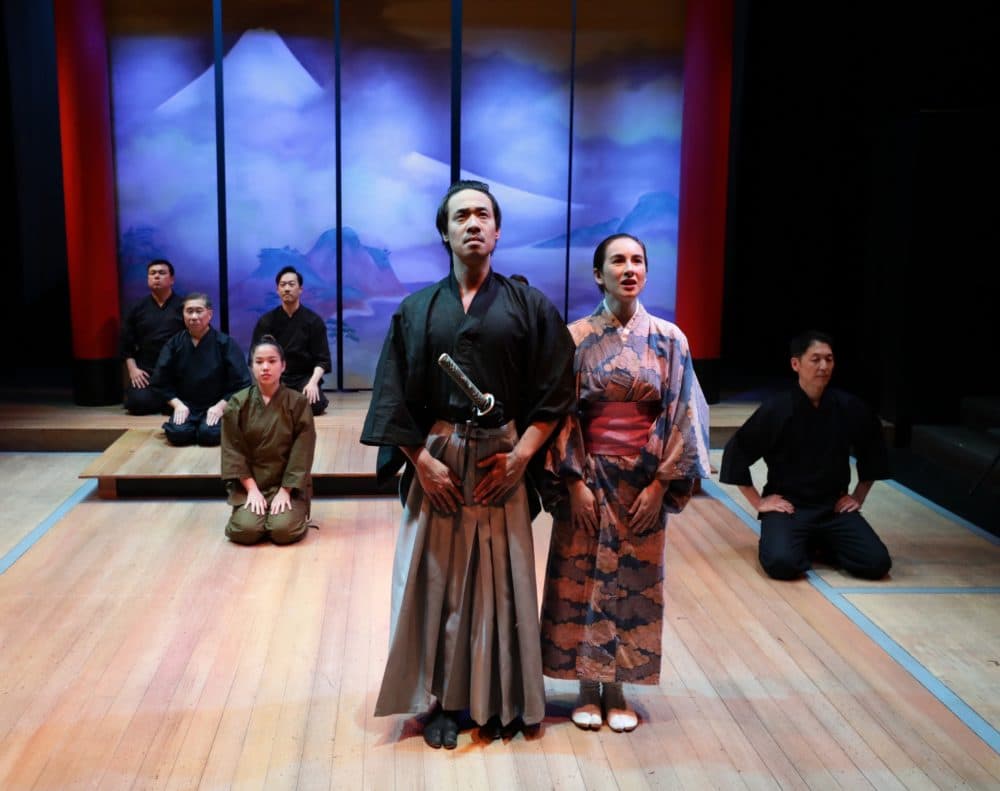 Carl Hsu and Micheline Wu with the cast of the Lyric Stage's &quot;Pacific Overtures.&quot; (Courtesy Mark S. Howard)