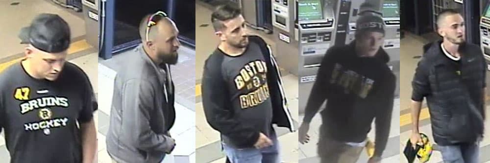 Police are seeking five pictured suspects for questioning related to an aggravated assault and battery at North Quincy MBTA station following a Bruins game Friday (Courtesy MBTA Transit Police)