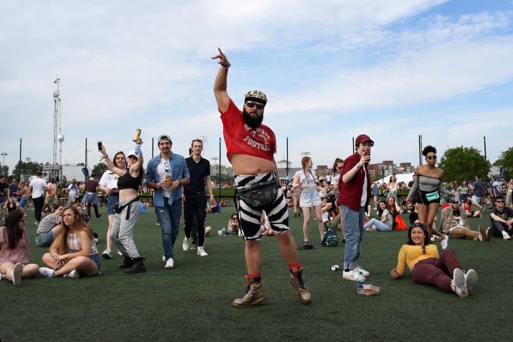 Joseph Burhoe, center, dances during Denzel Curry's performance on Saturday at Boston Calling. (Hadley Green for WBUR)
