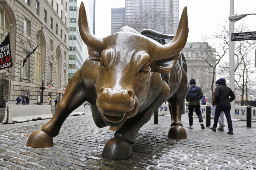 The Charging Bull sculpture by Arturo Di Modica, in New York's Financial District, is shown in this photo, Wednesday, Feb. 7, 2018. (Richard Drew/AP)