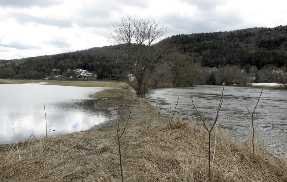 A swollen Winooski River flows past farm fields on Tuesday, April 16, 2019. (Lisa Rathke/AP)