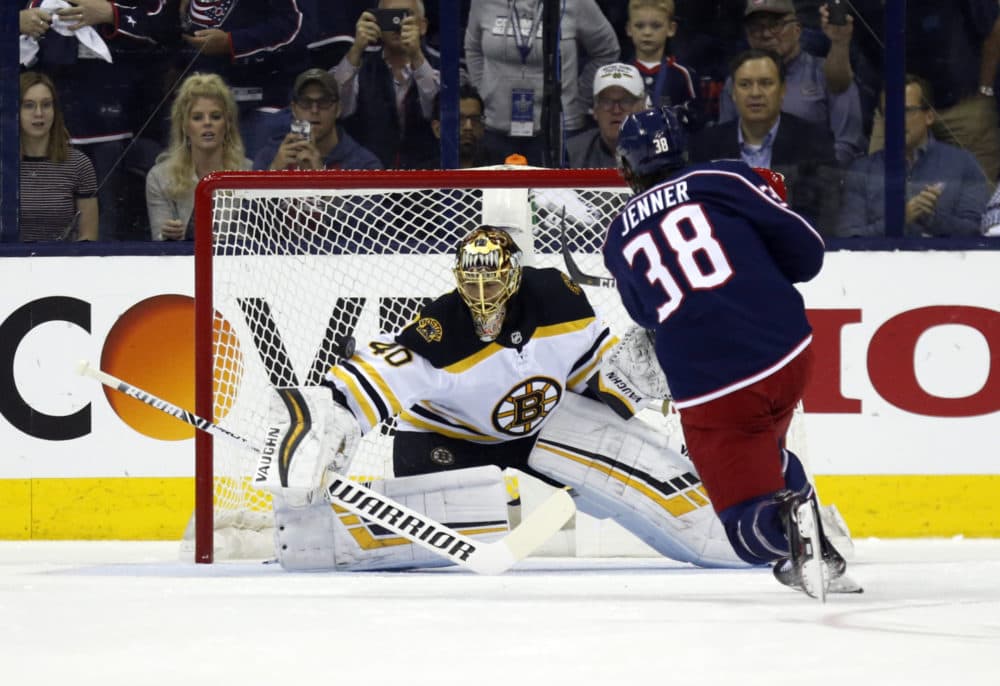 Boston Bruins goalie Tuukka Rask stops a penalty shot by Columbus Blue Jackets forward Boone Jenner during Game 4 of their second-round series. (Paul Vernon/AP)
