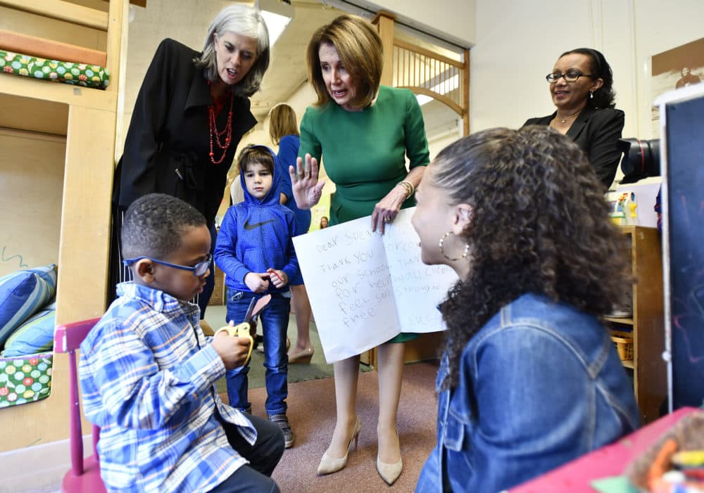 Rep. Katherine Clark, D-Mass., and Speaker of the House Nancy Pelosi speak with Nick Palermo, 4, in a bio-engineering class during a tour of the Eliot-Pearson Children's School, Friday, May 3, 2019, at Tufts University in Medford, Massachusetts. (Josh Reynolds/AP)