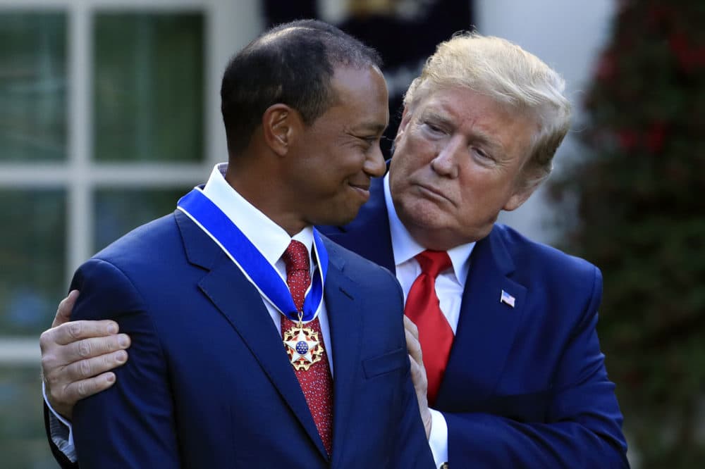 President Donald Trump awards the Presidential Medal of Freedom to Tiger Woods during a ceremony in the Rose Garden of the White House in Washington, Monday, May 6, 2019. (Manuel Balce Ceneta/AP)