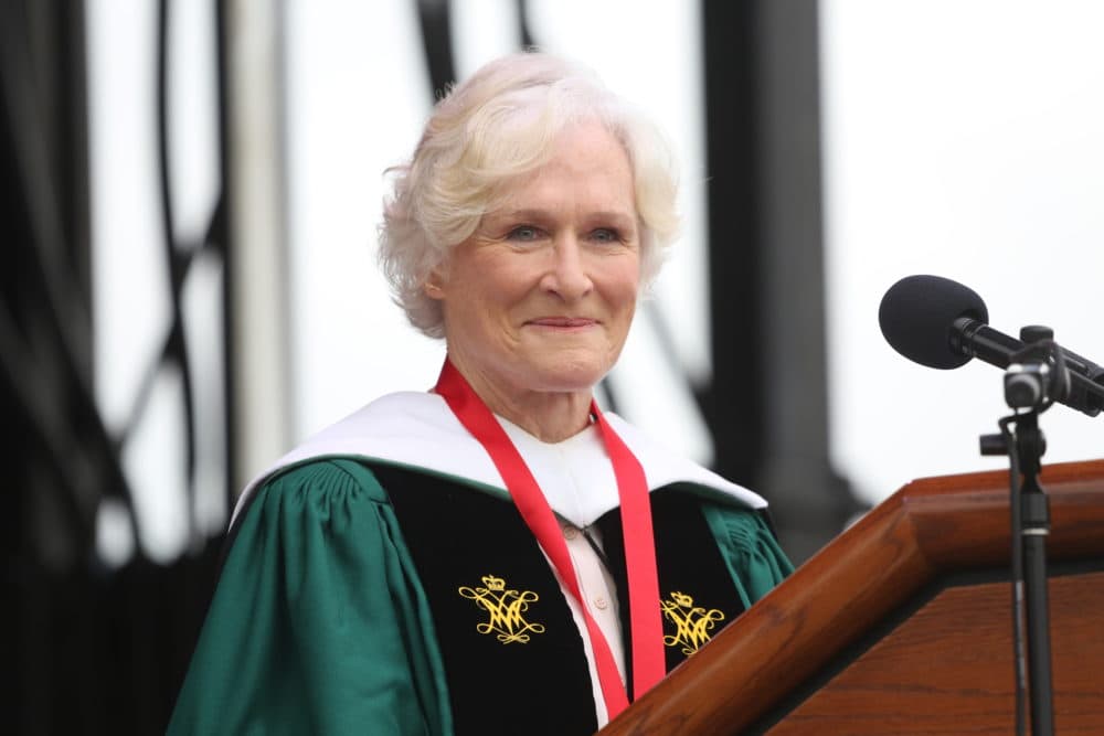 In this photo provided by William &amp; Mary university, Glenn Close speaks during the school's commencement at Zable Stadium in Williamsburg, Va., on Saturday, May 11, 2019. (Stephen Salpukas/W&amp;M News via AP)