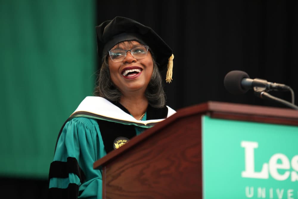 Anita Hill addresses the Lesley University Class of 2019, May 18, 2019 in Boston. (Lesley University / Mark Teiwes)