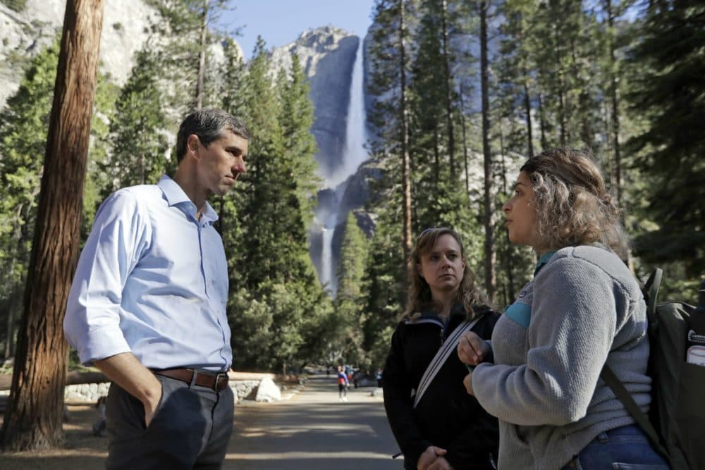 Democratic presidential candidate Beto O'Rourke, left, talks with Anne Kelly, center, director of the Sierra Nevada Research Stations and environmental advocate Leslie Martinez center, on April 29, 2019, in Yosemite National Park, Calif. (Marcio Jose Sanchez/AP)