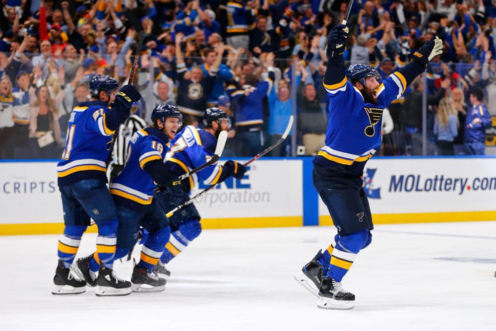 The St. Louis Blues celebrate after scoring the game-winning goal in double overtime in Game Seven of the 2019 Western Conference Finals. (Dilip Vishwanat/Getty Images)