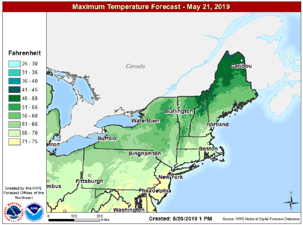 Tuesday's highs will be typical of the second half of May. (Courtesy NOAA)