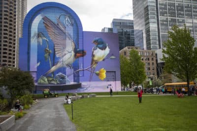 Super A's mural &quot;Resonance&quot; now up in Dewey Square. (Jesse Costa/WBUR)