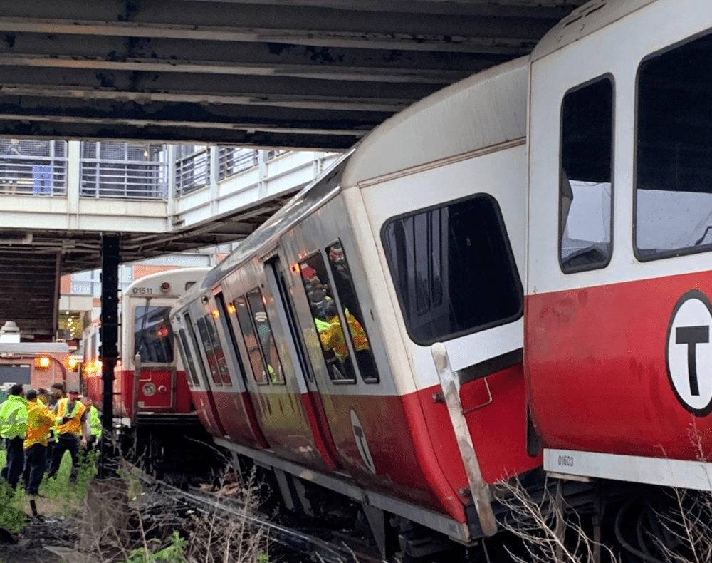 An MBTA Red Line train derailed just outside of JFK/UMass Station in June. (Courtesy Boston Fire Department)