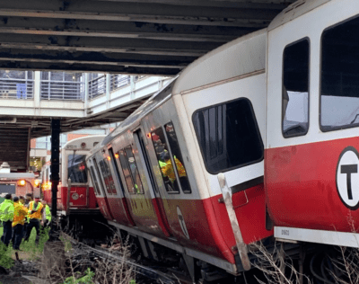 An MBTA Red Line train was derailed just outside of JFK/UMass Station Tuesday morning. (Courtesy Boston Fire Department)