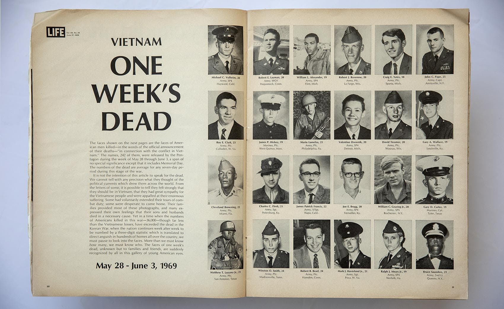 On June 27, 1969, Life magazine published an issue that sparked controversy and emotion across the country. It featured the names and photos of more than 200 American troops who had been killed in just one week in the Vietnam War. (Robin Lubbock/WBUR)