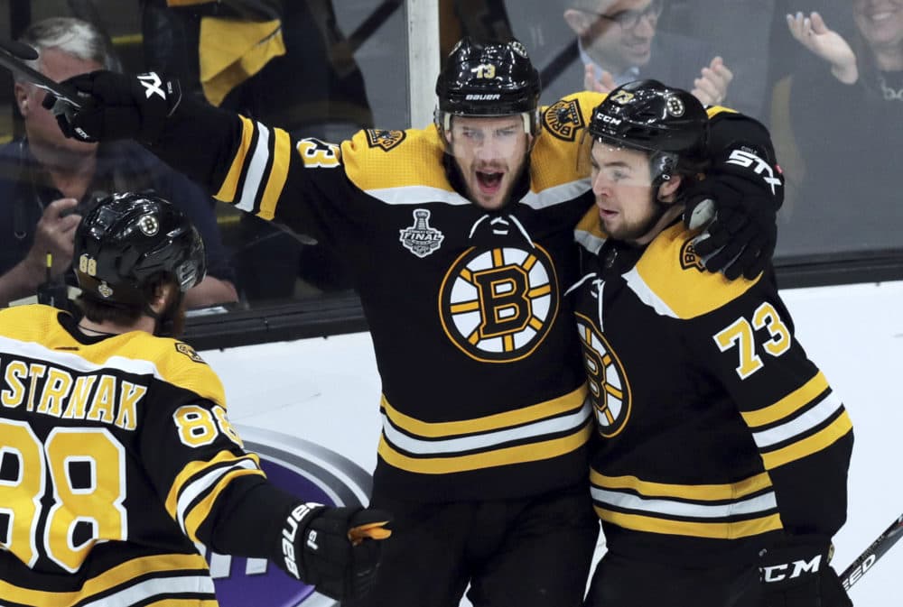 The Bruins celebrate a power play goal during Game 2 of the NHL hockey Stanley Cup Final against the St. Louis Blues. (Charles Krupa/AP Photo)