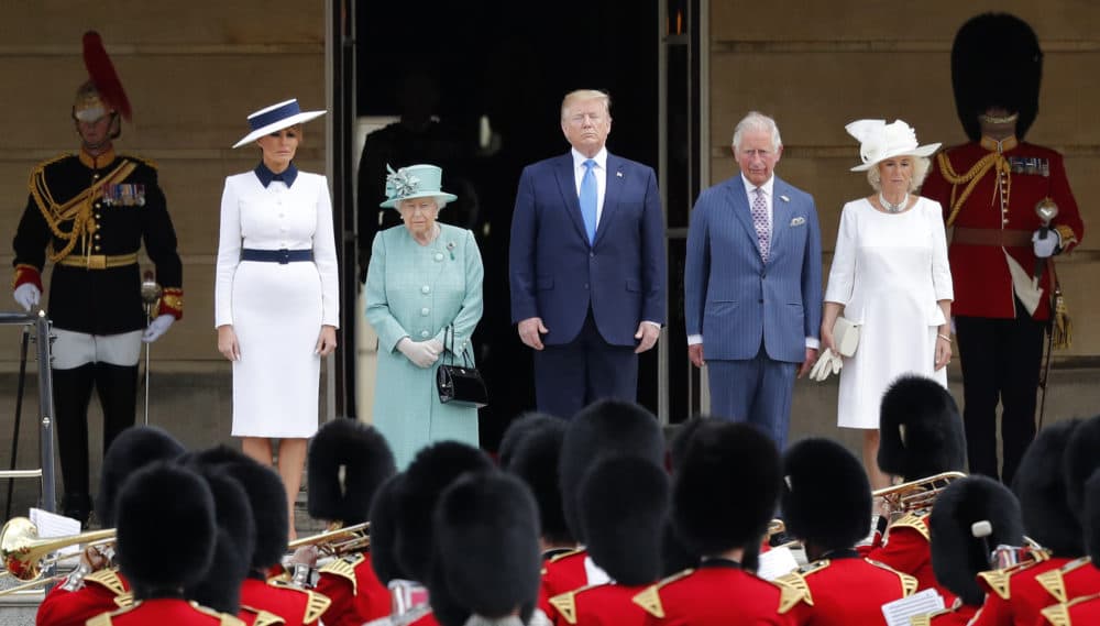 Britain's Queen Elizabeth II stands with President Donald Trump, center, and first lady Melania Trump, left, Britain's Prince Charles and Camilla, Duchess of Cornwall, right, during a ceremonial welcome in the garden of Buckingham Palace in London, Monday, June 3, 2019 on the opening day of a three day state visit to Britain. (Frank Augstein/AP)