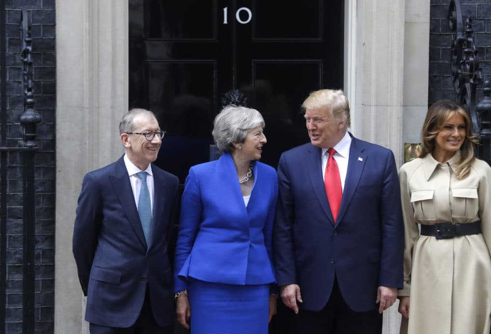 Britain's Prime Minister Theresa May and her husband Philip greet President Donald Trump and first lady Melania outside 10 Downing Street in central London, Tuesday, June 4, 2019. (Kirsty Wigglesworth/AP)