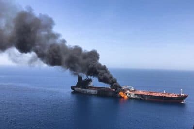 An oil tanker is on fire in the sea of Oman, Thursday, June 13, 2019. Two oil tankers near the strategic Strait of Hormuz were reportedly attacked on Thursday, an assault that left one ablaze and adrift as sailors were evacuated from both vessels and the U.S. Navy rushed to assist amid heightened tensions between Washington and Tehran. (ISNA/AP)