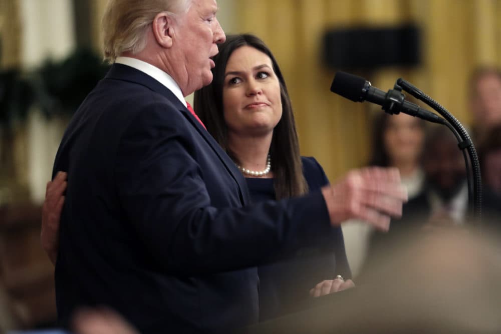 President Trump speaks about White House Press Secretary Sarah Sanders during an event on second chance hiring in the East Room of the White House on June 13 in Washington. (Evan Vucci/AP)