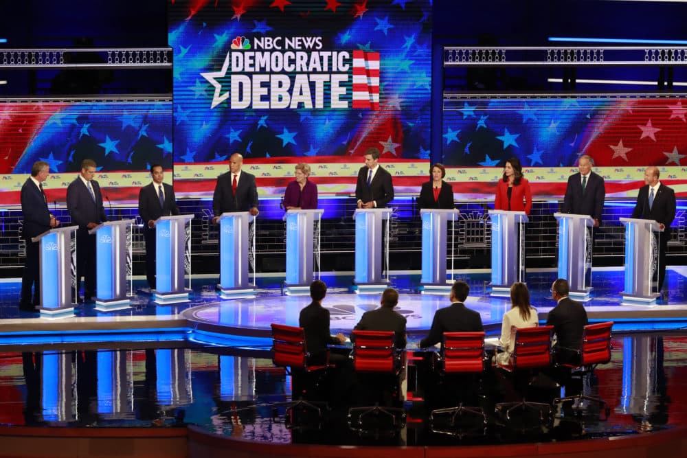 The Democratic presidential candidates field questions during the primary debate hosted by NBC News on Wednesday, June 26, 2019, in Miami. (Wilfredo Lee/AP Photo)