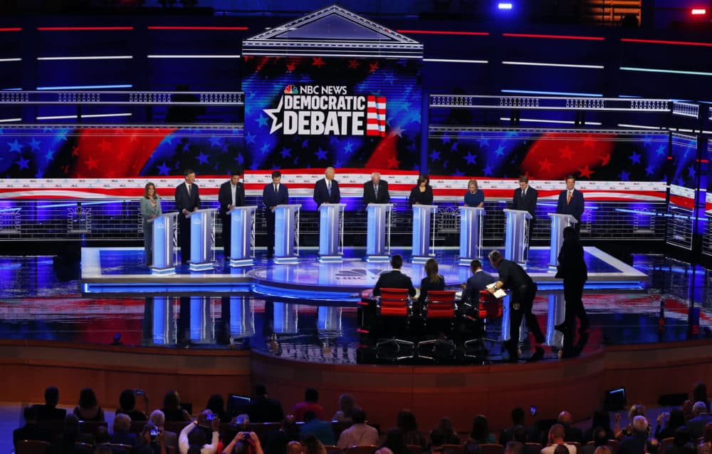 Democratic presidential candidates listen to a question during the Democratic primary debate hosted by NBC News at the Adrienne Arsht Center for the Performing Arts, Thursday, June 27, 2019, in Miami. (Wilfredo Lee/AP)