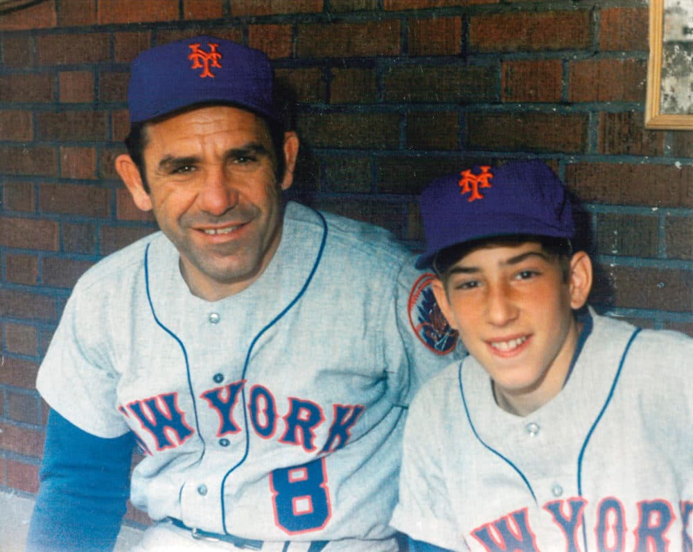 Dale Berra with his dad on the bench at Wrigley Field in 1970. (Courtesy Dale Berra)