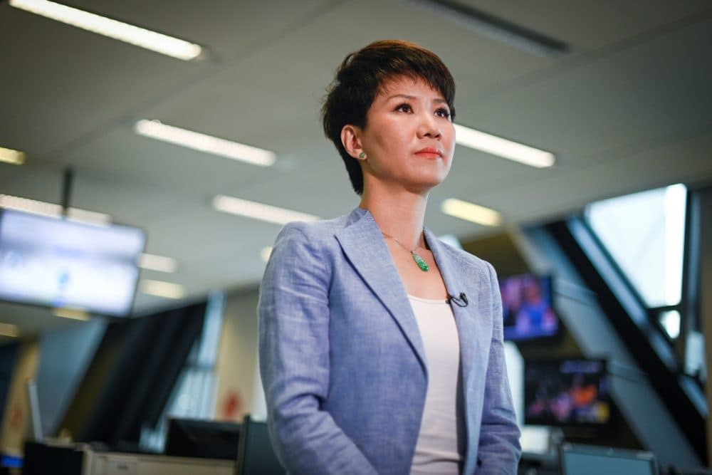 China's state broadcaster CGTN anchor Liu Xin attends an interview at the CCTV headquarters in Beijing on May 30. (Wang Zhao/AFP/Getty Images)