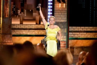 Ali Stroker accepts the Best Performance by an Actress in a Featured Role in a Musical award for Rodgers & Hammerstein's &quot;Oklahoma!&quot; onstage during the 2019 Tony Awards at Radio City Music Hall on June 9, 2019 in New York City. (Theo Wargo/Getty Images for Tony Awards Productions)