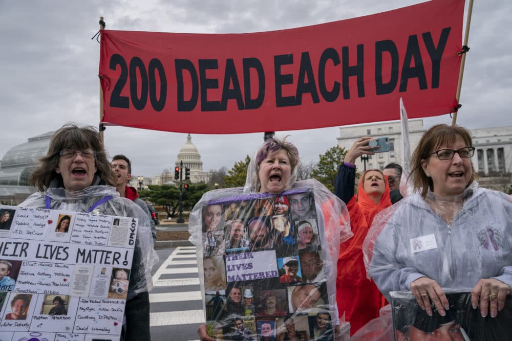 Demonstrators protest the Food and Drug Administration's policies related to pharmaceutical opioids at a rally in front of the Health and Human Services headquarters in Washington, Friday, April 5, 2019. (J. Scott Applewhite/AP)