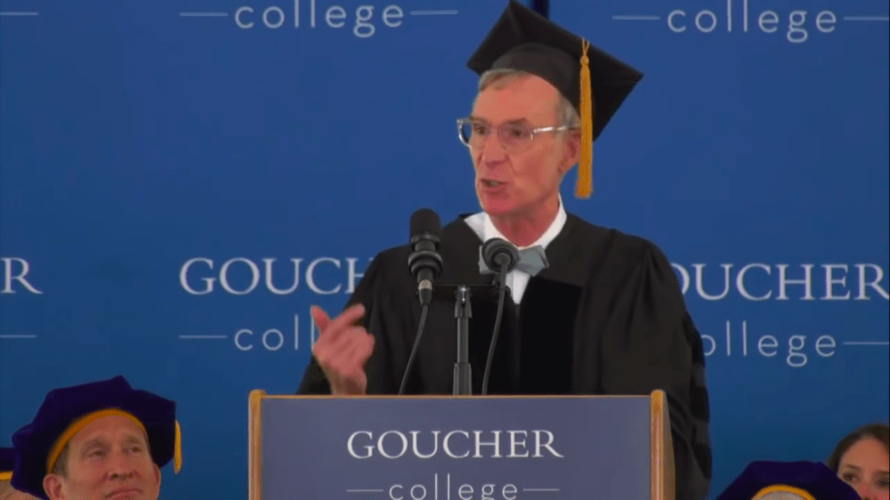 Bill Nye, &quot;the science guy,&quot; delivers the 2019 commencement speech at Goucher College in Towson, Maryland. (Screenshot via YouTube/Goucher College)