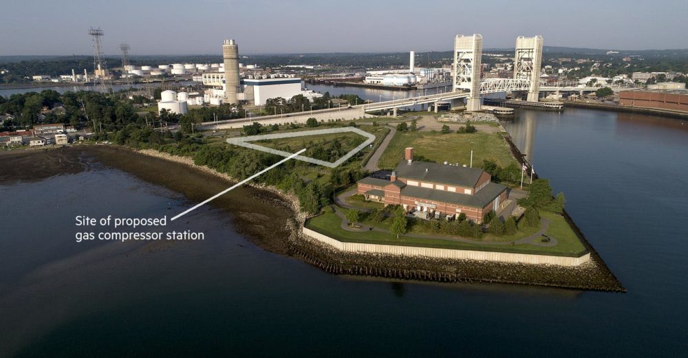 The proposed Weymouth compressor station would be constructed between the MWRA Braintree-Weymouth Pump Station, in the foreground, and Bridge Street, the road that crosses the Fore River Bridge. (Robin Lubbock/WBUR)