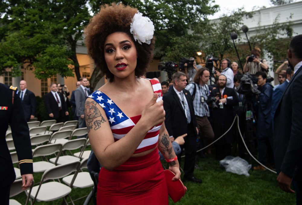 Singer Joy Villa speaks with journalists after President Trump delivered remarks on citizenship and the census at the White House in Washington, D.C. (Nicholas Kamm/AFP/Getty Images)