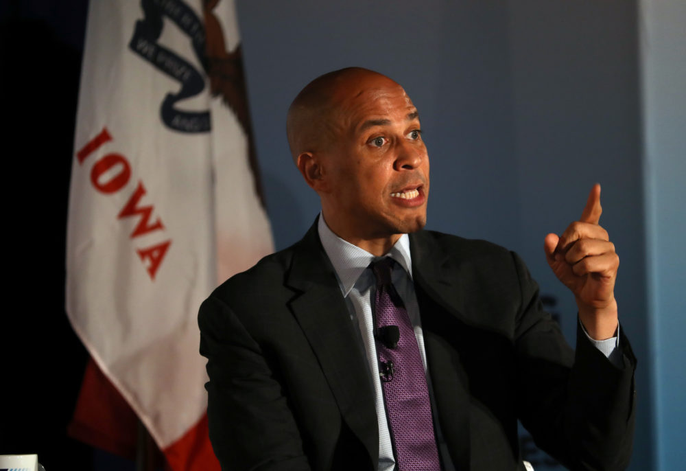 Democratic presidential candidate Sen. Cory Booker (D-N.J.) speaks during a presidential candidate forum at Drake University in Des Moines, Iowa. (Justin Sullivan/Getty Images)