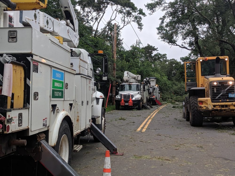 Eversource crews work to restore power in Harwich after severe thunderstorms and a tornado caused damage on Cape Cod on Tuesday. (Courtesy Harwich Police Deptartment)