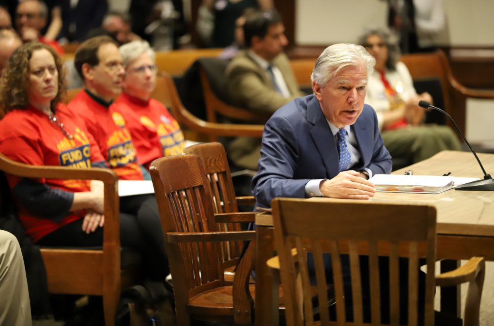 UMass President Martin Meehan told lawmakers in April that state funding of the university system has dwindled from 80% to around 20%, shifting the cost of public higher education from state government to students and families. (Sam Doran/SHNS)