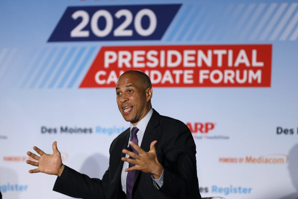 Democratic presidential candidate Sen. Cory Booker speaks during a presidential candidates forum on July 15 in Des Moines, Iowa. (Charlie Neibergall/AP)