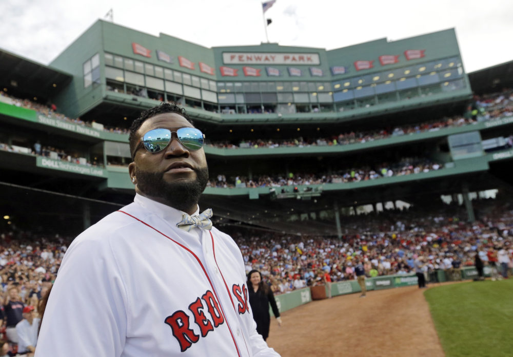 Boston Red Sox great David Ortiz looks at the jumbotron on June 23, 2017, at Fenway Park as the team retires his number &quot;34&quot; worn when he led the franchise to three World Series titles. (Elise Amendola/AP)